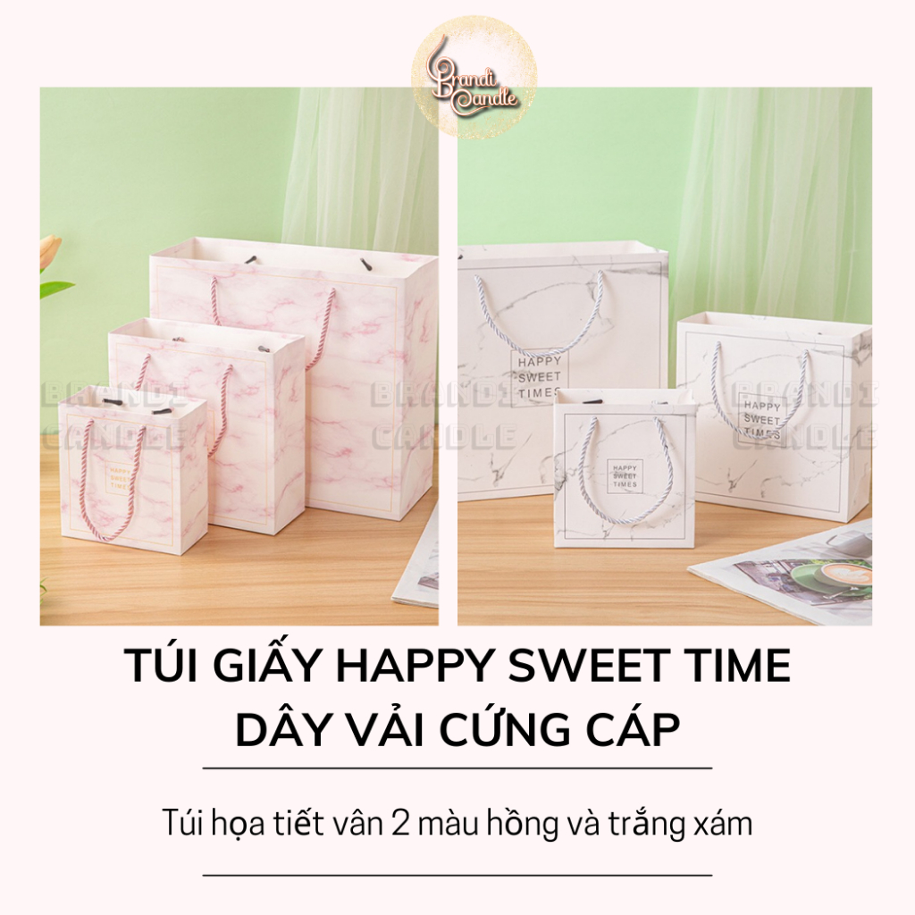Túi giấy dây vải happy sweet time vân màu hồng và trắng xám cứng cáp