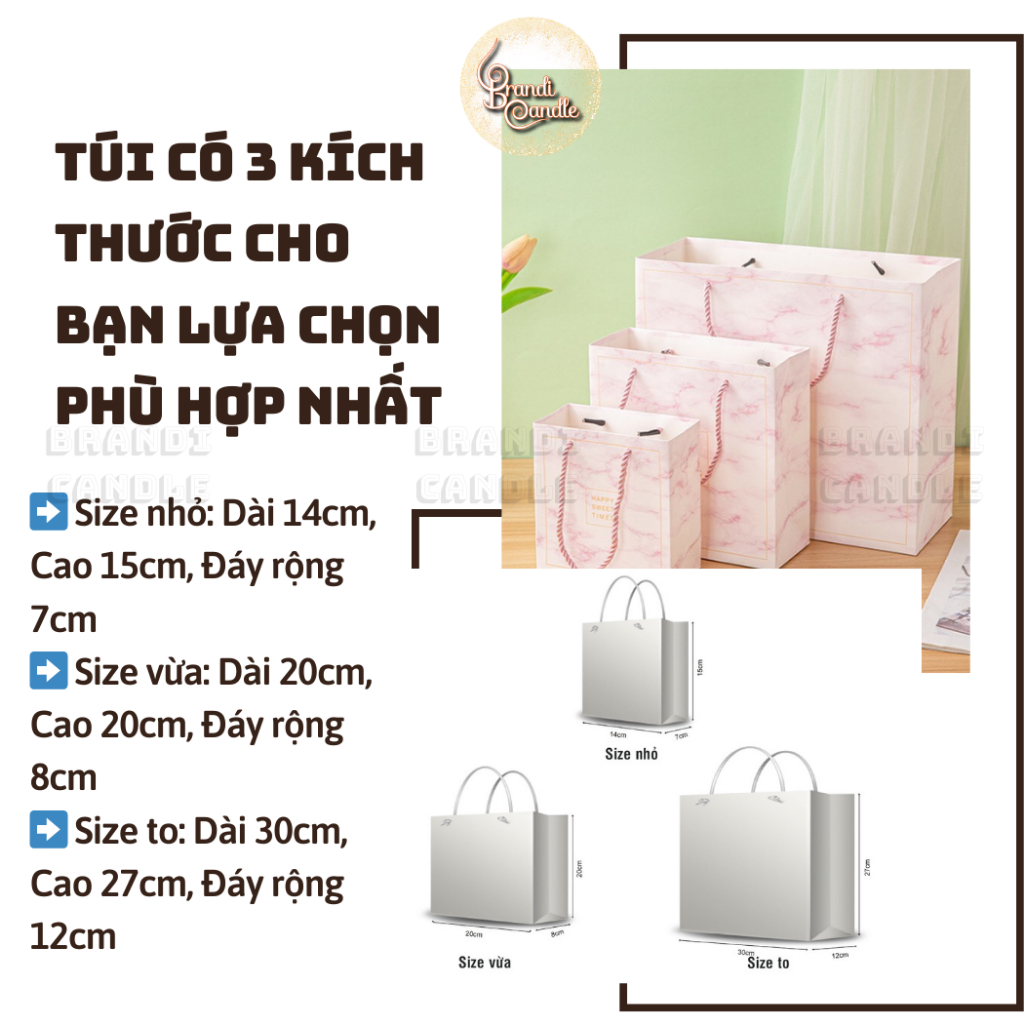 Túi giấy dây vải happy sweet time vân màu hồng và trắng xám cứng cáp