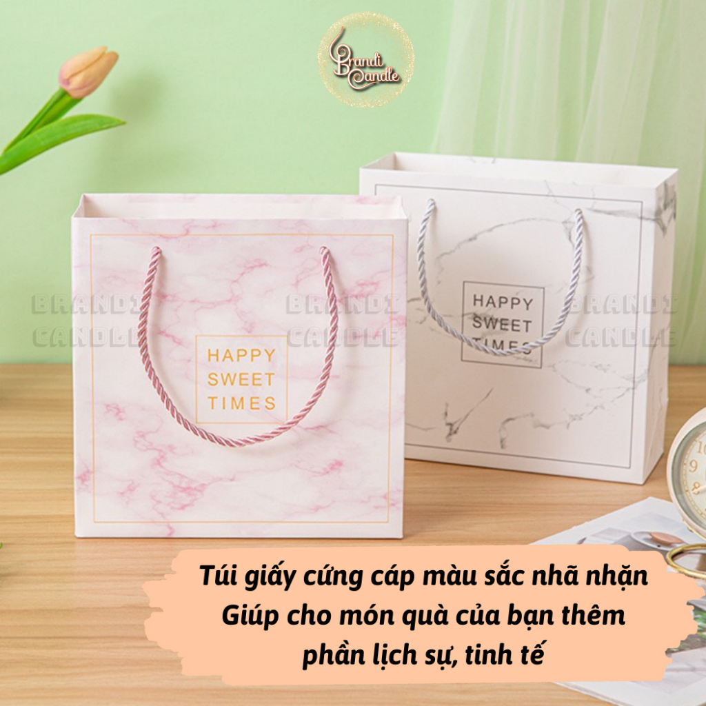 Túi giấy dây vải happy sweet time vân màu hồng và trắng xám cứng cáp