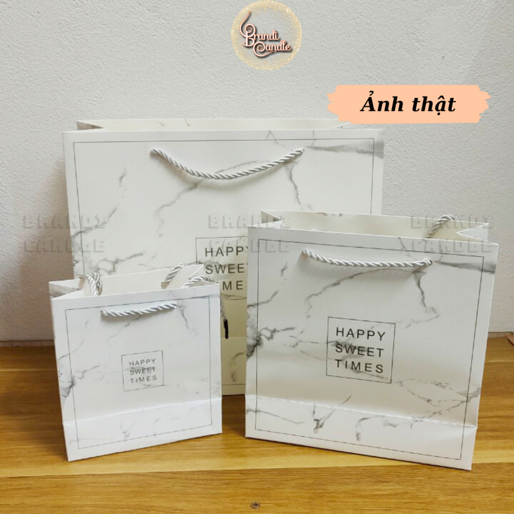 Túi giấy dây vải happy sweet time vân màu hồng và trắng xám cứng cáp