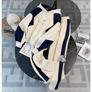Set Bộ NỈ NỮ, Đồ Bộ Nữ, Áo Hoodie, Quần Dài Ống Rộng Phối Sọc Xanh Cao Cấp Chất Nỉ Cotton Cao Cấp Hàng Quảng Châu