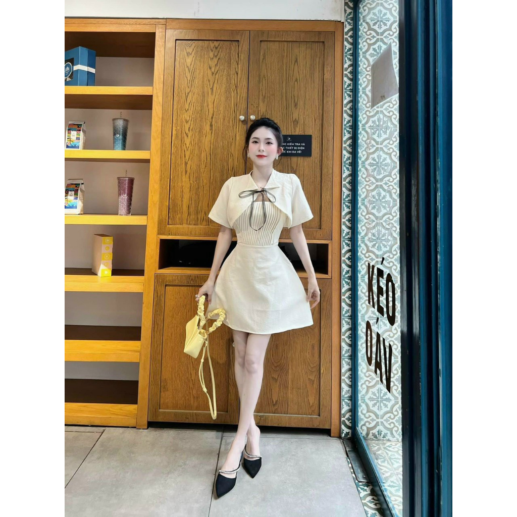 Đầm ngắn chữ A dập ly có mút ngực và lót trong kèm áo khoác tay ngắn thiết kế cách điệu thời trang nữ VALKYRIE T5
