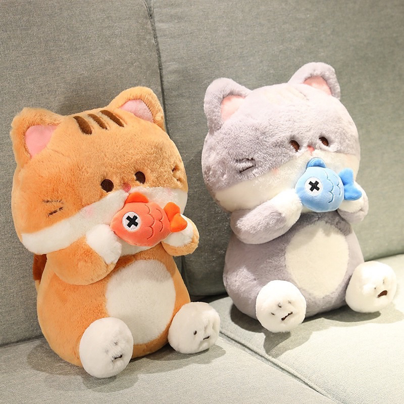 Gấu Bông, Thú Nhồi Bông Mèo Ôm Cá, Mèo Bông Chất Lông Mềm Cao Cấp
