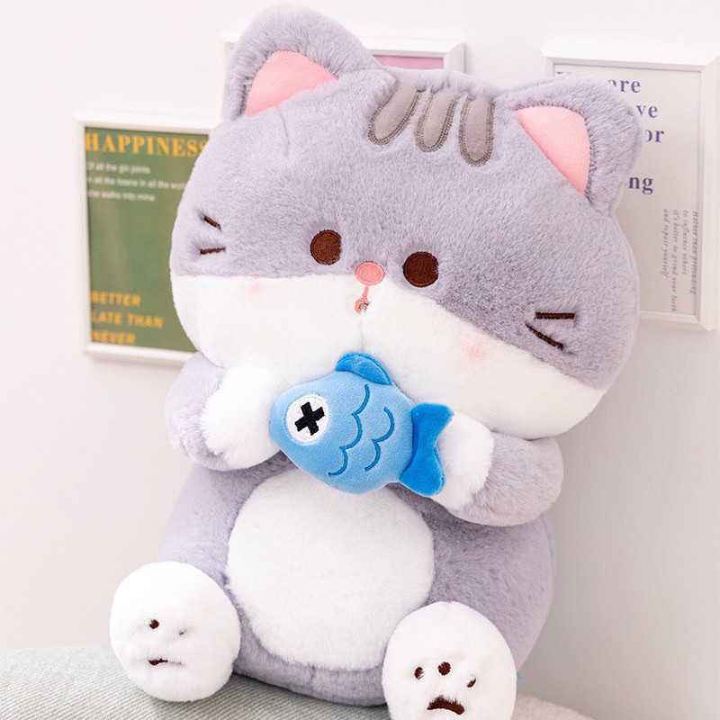 Gấu Bông, Thú Nhồi Bông Mèo Ôm Cá, Mèo Bông Chất Lông Mềm Cao Cấp