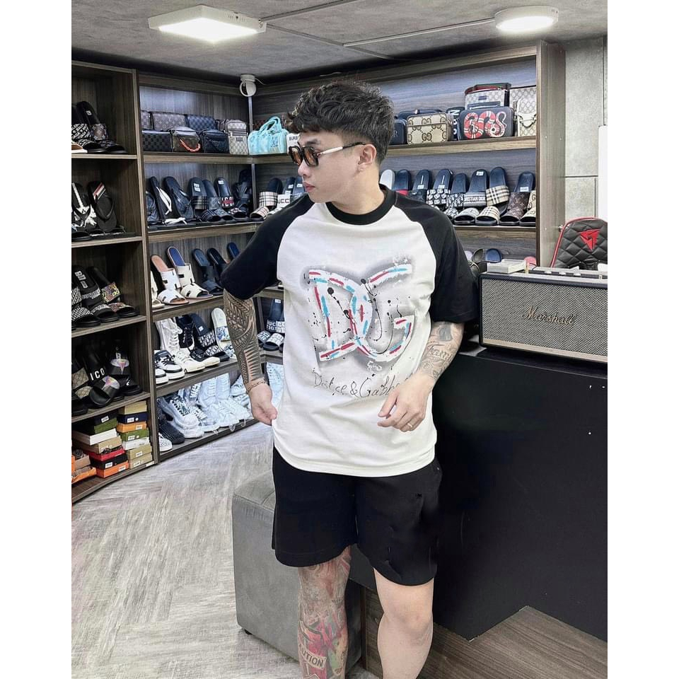 Bộ DG New Nam Nữ ,Chất liệu cotton cao cấp in họa tiết logo trước áo, phối màu trắng và đen tay áo, cực hott
