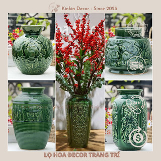 Lọ hoa decor ,gốm Bát Tràng - Bình hoa trang trí phòng khách - Men xanh ngọc - Khắc nổi nghệ thuật