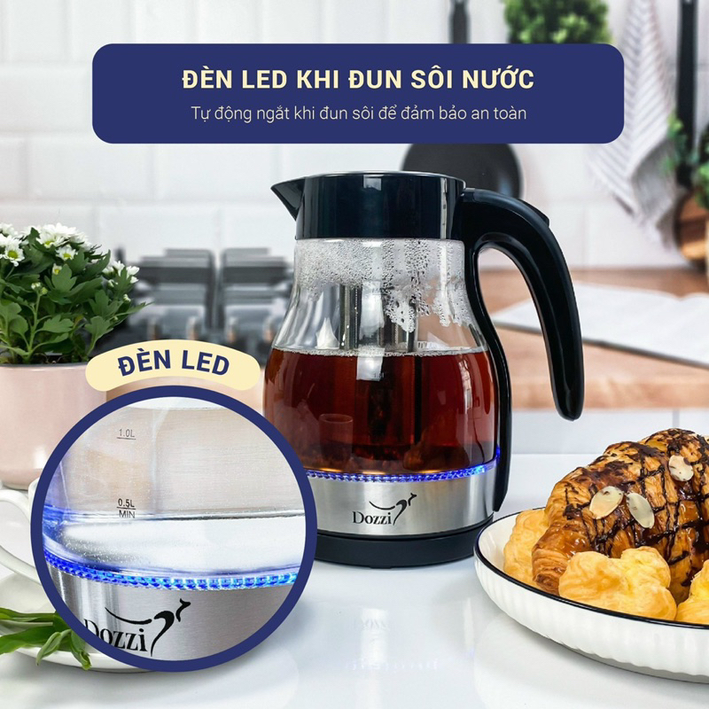 ẤM ĐUN SIÊU TỐC BẰNG THUỶ TINH KẼM LÕI LỌC TRÀ INOX DUNG TÍCH 1.7L - DZE199
