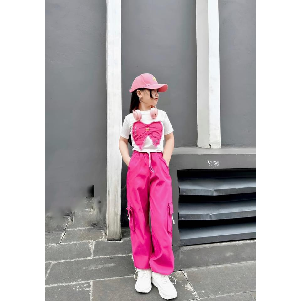 Đồ bộ bé gái , sét bộ quần áo croptop nơ + quần kaki túi hộp hiphop sành điệu cho bé 10-33kg