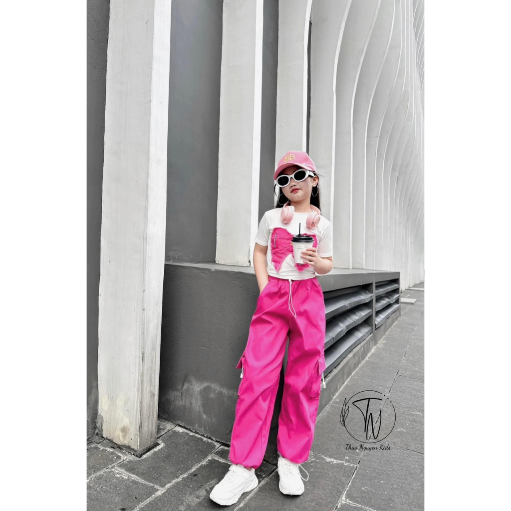 Đồ bộ bé gái , sét bộ quần áo croptop nơ + quần kaki túi hộp hiphop sành điệu cho bé 10-33kg