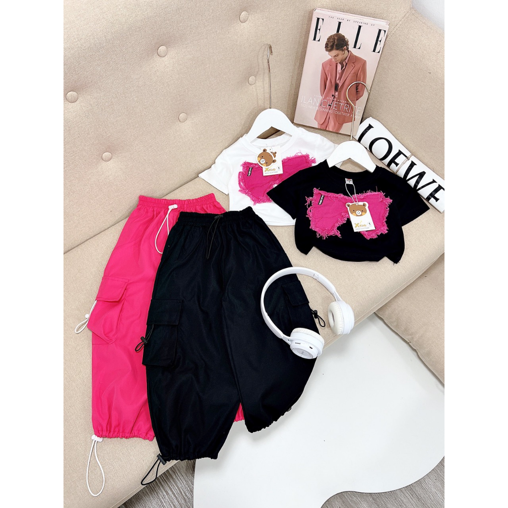Đồ bộ bé gái , sét bộ quần áo croptop nơ + quần kaki túi hộp hiphop sành điệu cho bé 10-33kg