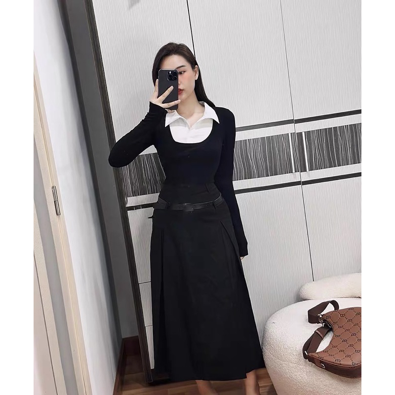 Áo thun tăm dài tay cổ phối sơ mi hàng xuất