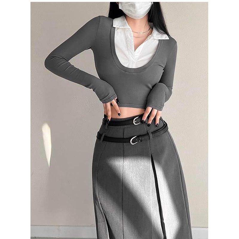 Áo thun tăm dài tay cổ phối sơ mi hàng xuất