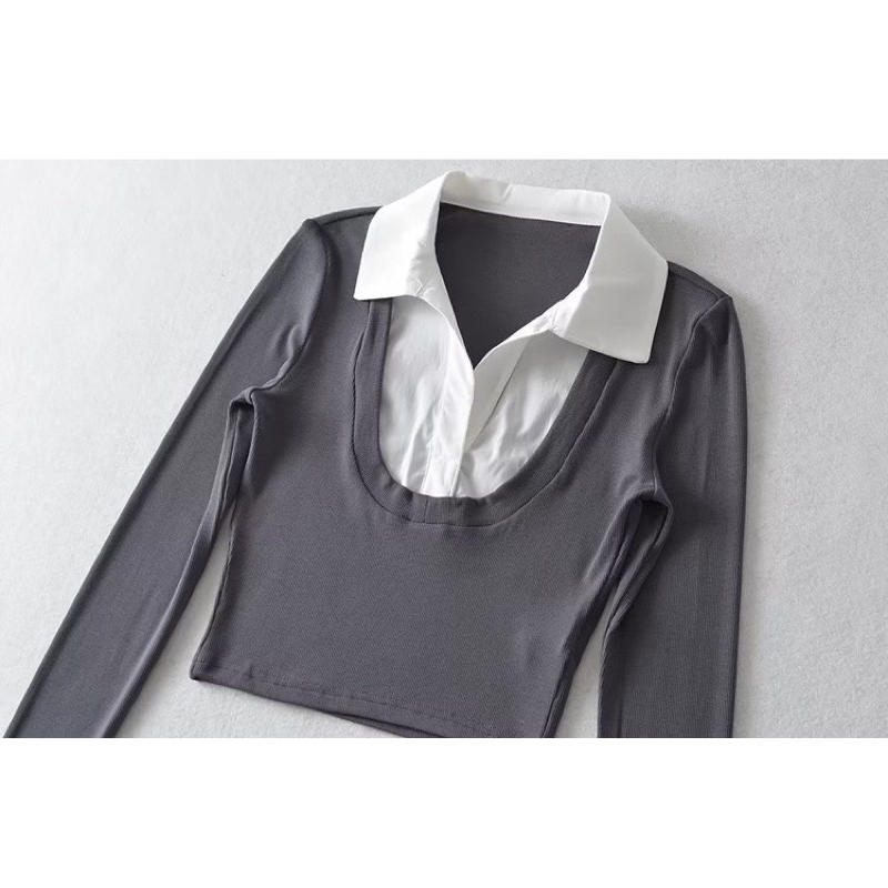 Áo thun tăm dài tay cổ phối sơ mi hàng xuất