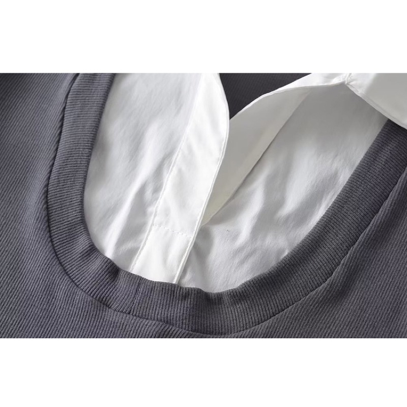 Áo thun tăm dài tay cổ phối sơ mi hàng xuất