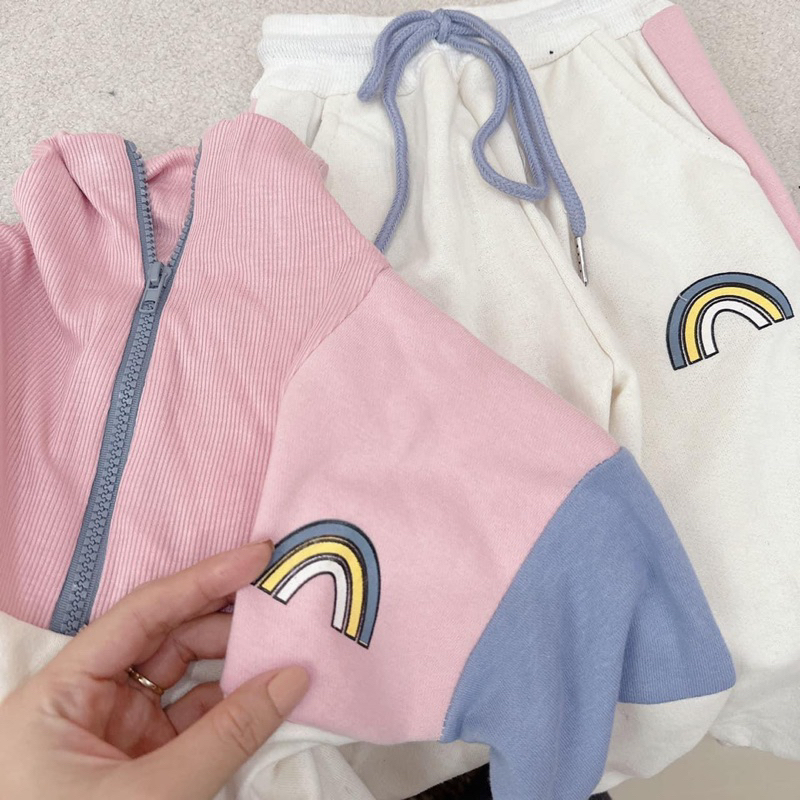 Bộ nỉ hình cầu vồng màu hồng cho bé gái