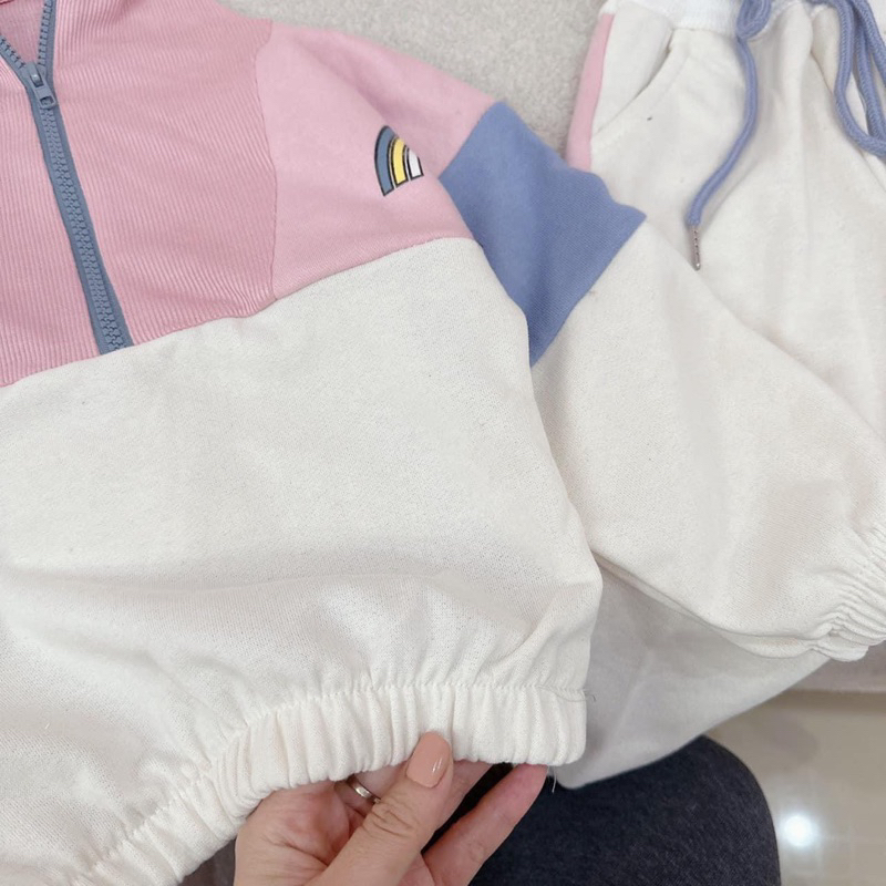 Bộ nỉ hình cầu vồng màu hồng cho bé gái