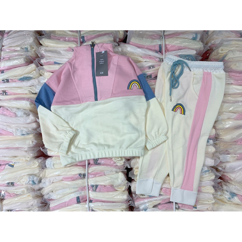 Bộ nỉ hình cầu vồng màu hồng cho bé gái