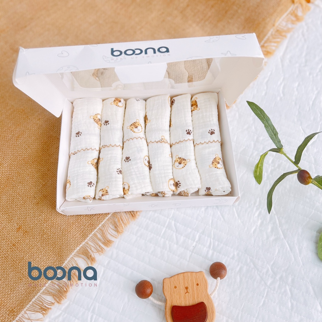 Hộp 6 Khăn Sữa Sơ Sinh Vải Xô Muslin Mềm Mại Boona Cho Bé