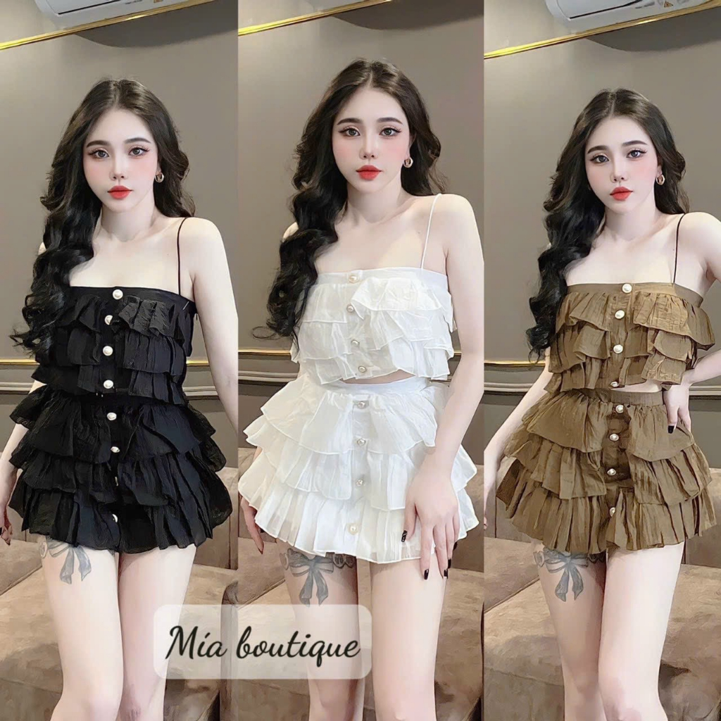 Set áo bèo 2 dây đính hạt cườm kèm chân váy ngắn có lót siêu xinh