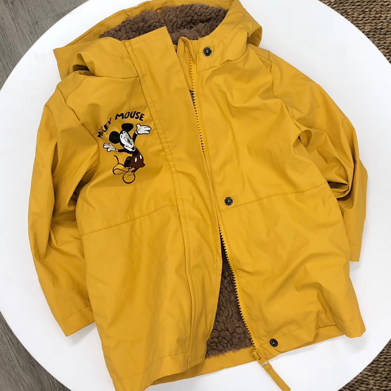 Áo khoác phao lót lông cừu Mickey vàng dư xịn chống nước cho bé trai bé gái