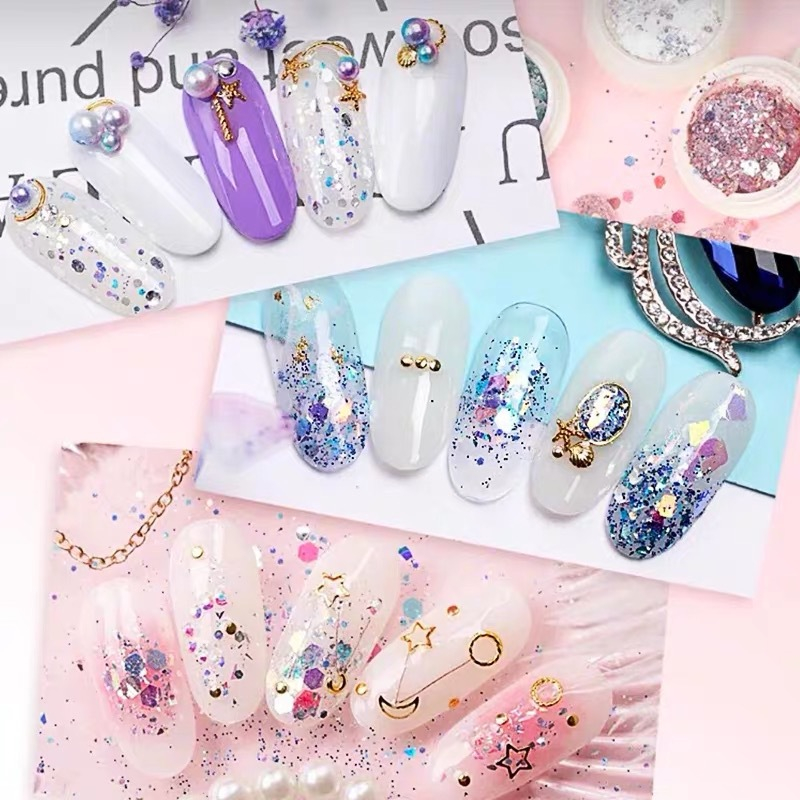 Nhũ kim tuyến nail trang trí móng 8 màu, phụ kiện trang trí móng nhũ vảy cá 8 màu