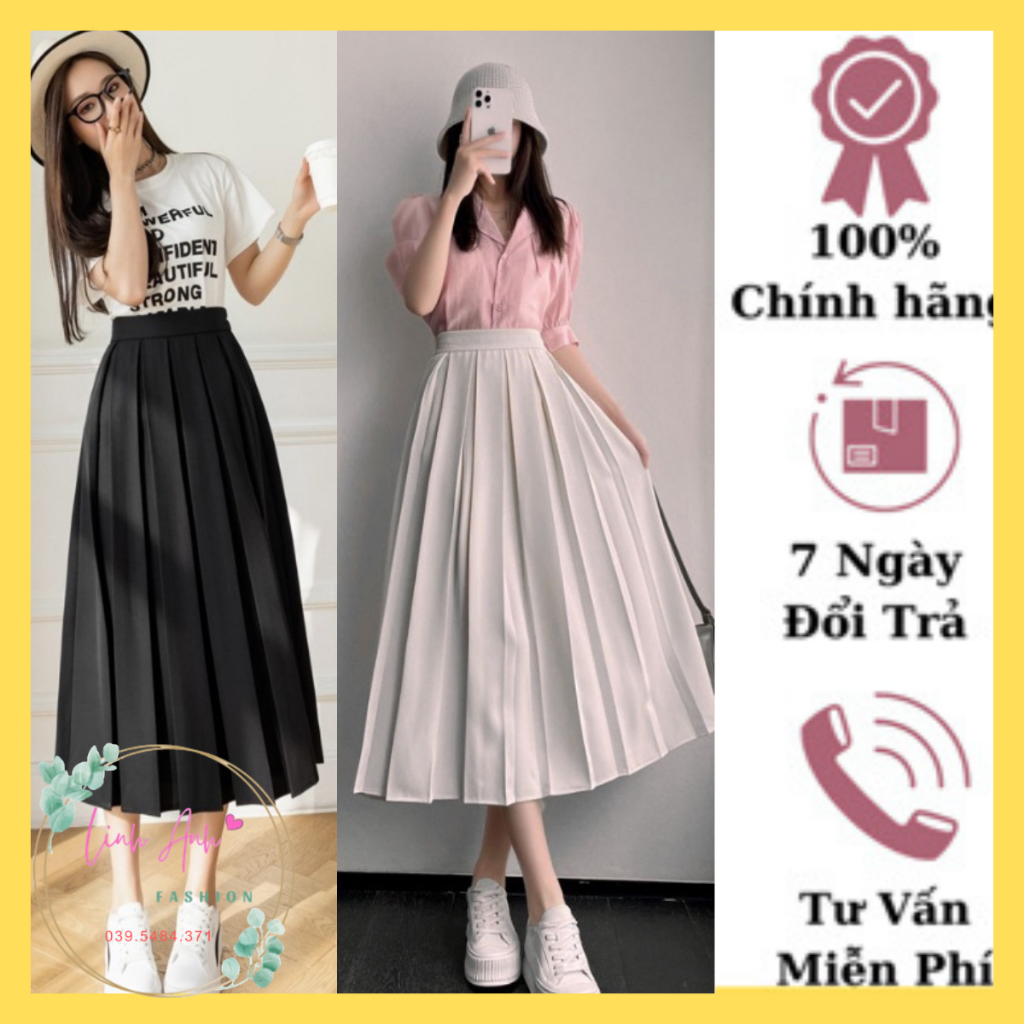 Chân váy xếp ly váy MIDI cạp cao dáng dài xòe to chất tuyết mưa dày dáng dài qua gối đi tiệc công sở màu ĐEN KEM