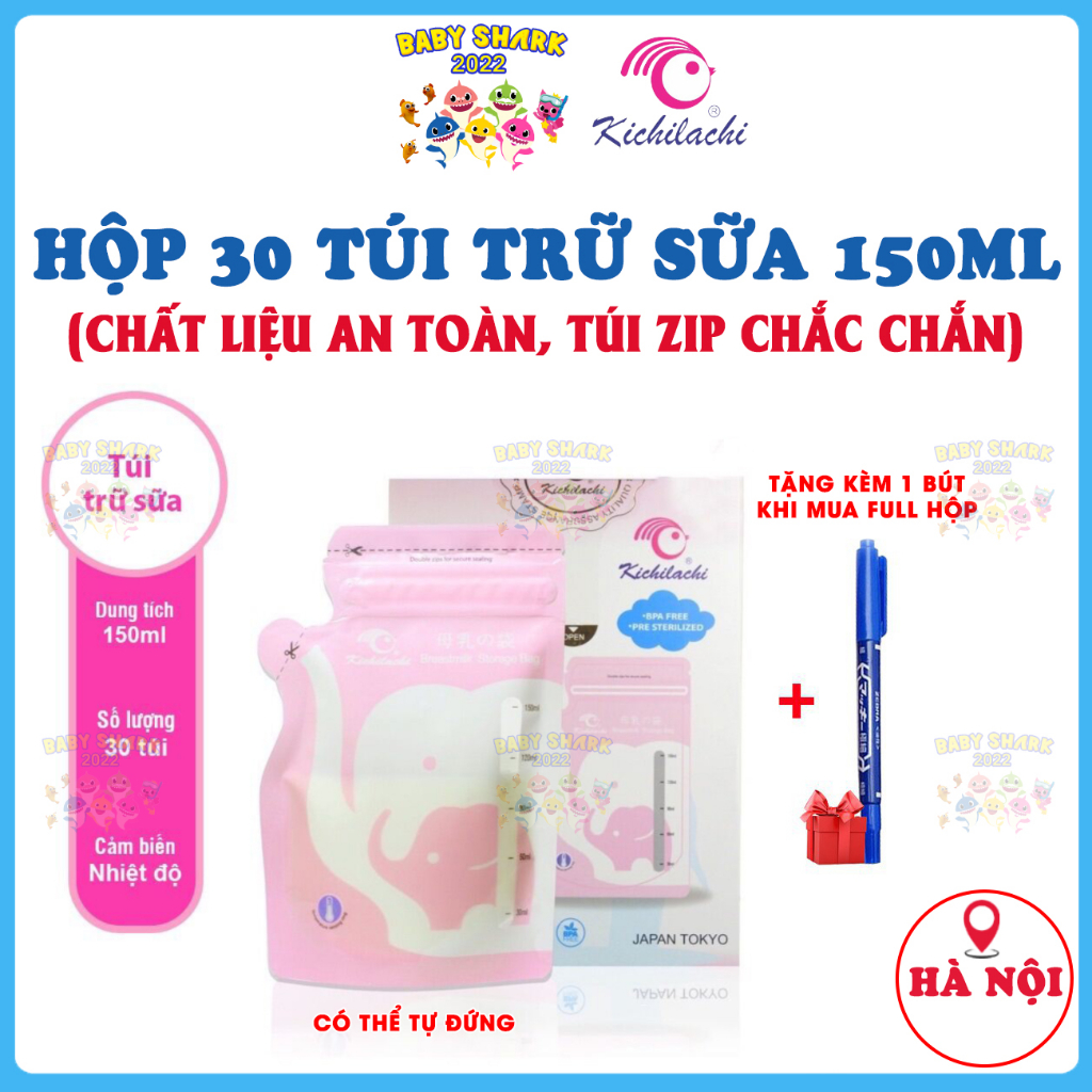 Hộp 30 Túi trữ sữa CẢM BIẾN NHIỆT KICHILACHI 150ml hình voi có vòi rót an toàn, tiện dụng cho bé