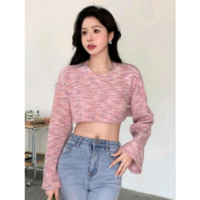 Áo croptop len dệt ô nhiều màu dài tay phong cách thu đông