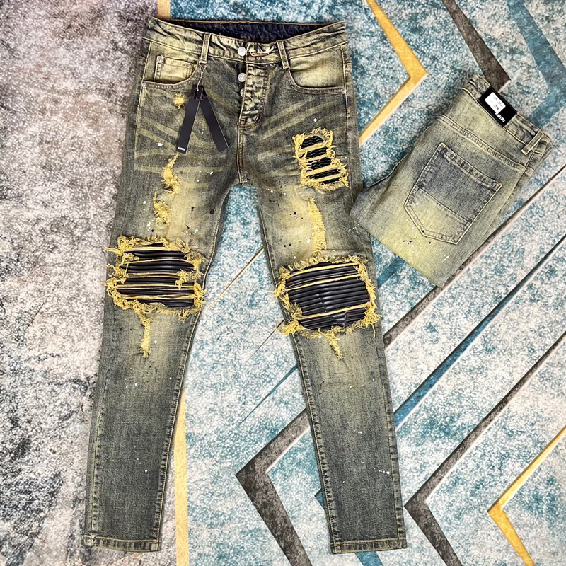 Quần JEAN Nam AMIRI Slimfit xanh rách tua lót da Quần bò Amiri vá nhiều da đen bản đẳng cấp nhất dòng vá da