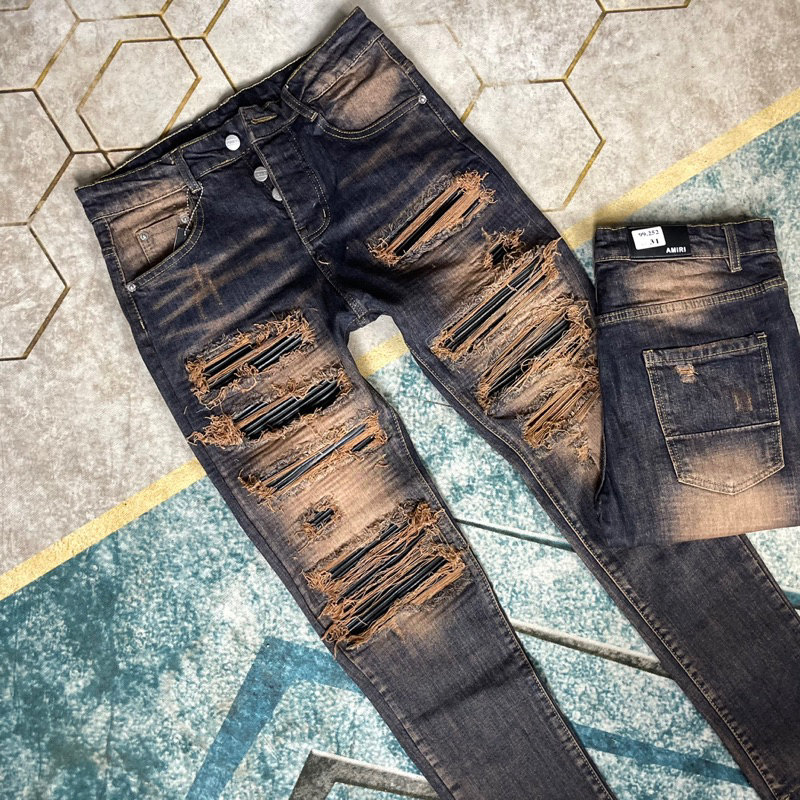 Quần JEAN Nam AMIRI Slimfit xanh rách tua lót da Quần bò Amiri vá nhiều da đen bản đẳng cấp nhất dòng vá da