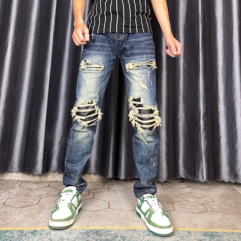 Quần JEAN Nam AMIRI Slimfit xanh rách tua lót da Quần bò Amiri vá nhiều da đen bản đẳng cấp nhất dòng vá da