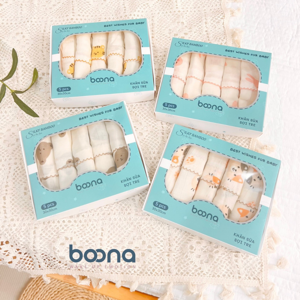 Hộp 6 Khăn Sữa Sơ Sinh Vải Xô Muslin Mềm Mại Boona Cho Bé