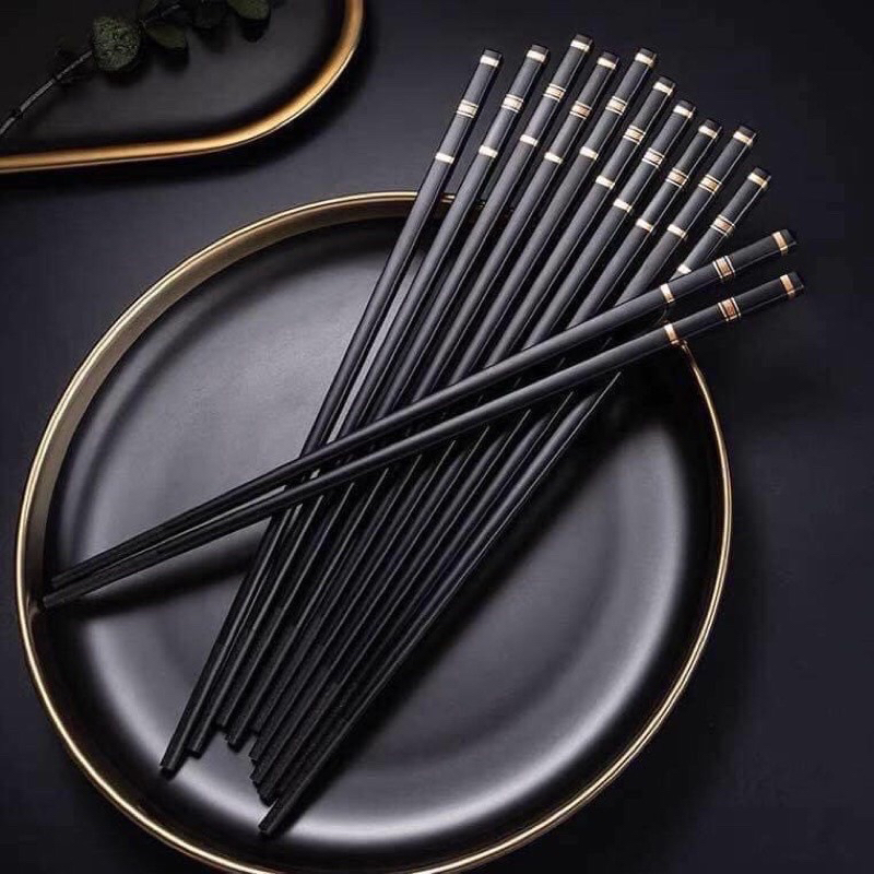 Vỉ 10 Đôi Đũa Nhựa Đen Cao Cấp Đầu Khảm vàng, khánh khuẩn AG, Đũa Chịu Nhiệt, An Toànn