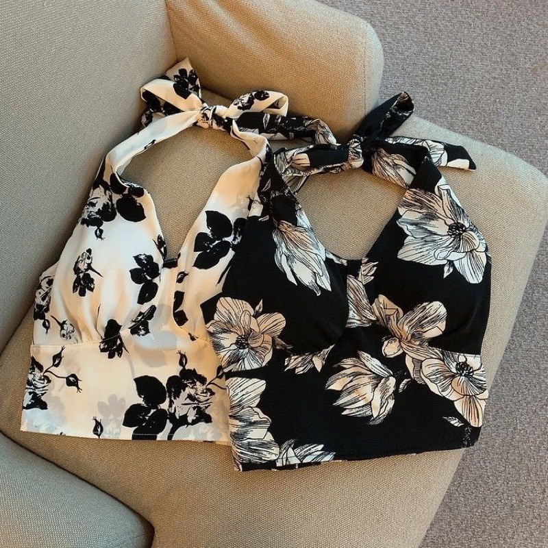 Áo yếm hoa có mút croptop nhún sau cột nơ - B2P