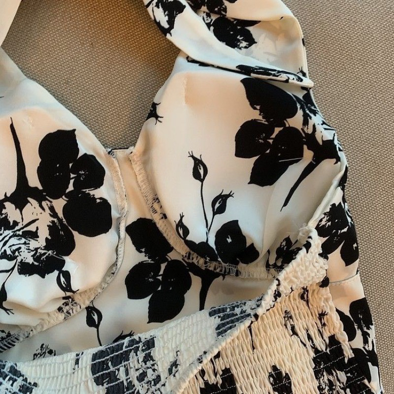 Áo yếm hoa có mút croptop nhún sau cột nơ - B2P