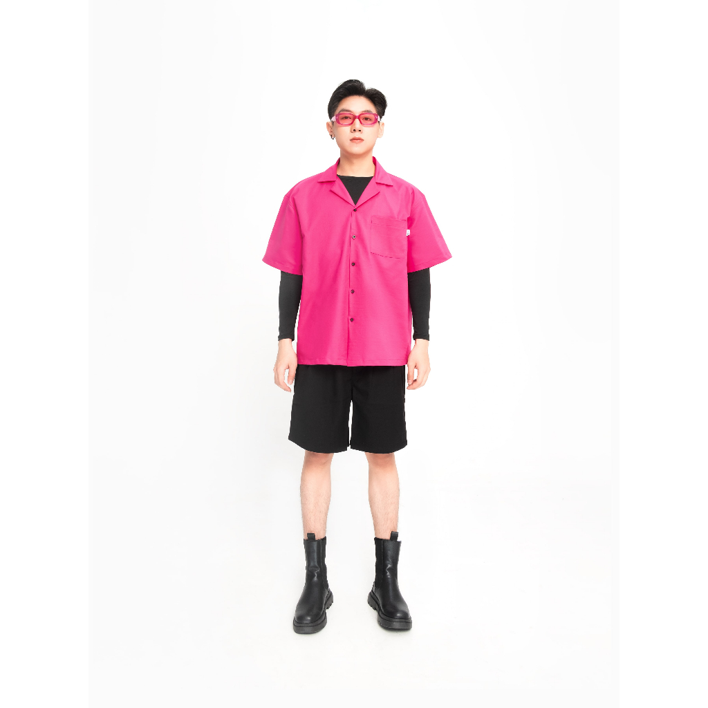 Áo Sơ Mi Cổ Mở Tay Ngắn Black/Pink