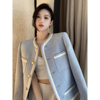 Áo khoác dạ tweed The Aimeé xanh phối viền trắng, hai lớp cao cấp