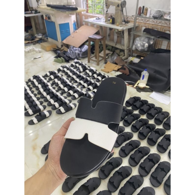 Dép nam da chữ H hot trend cao cấp da bò đẹp quai ngang