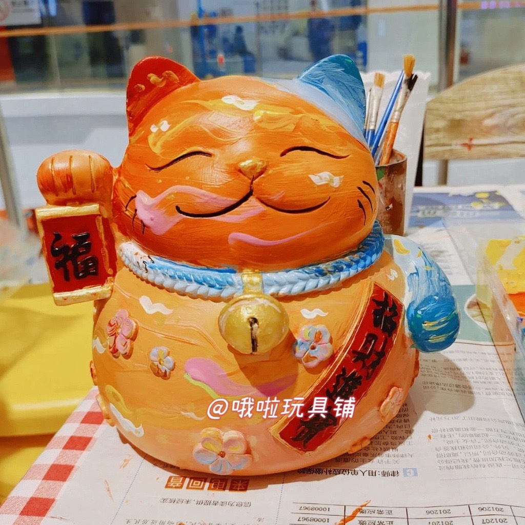 Tô Tượng Thạch Cao Mèo Thần Tài Size Trung - Tượng Tô Màu Cho Bé Tặng 1 Tượng Nhỏ Dễ Thương - Bảo Bình Decor