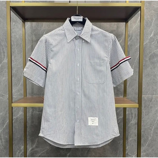 Áo sơ mi thom kẻ sọc xám ngắn tay vải cotton lụa cao cấp