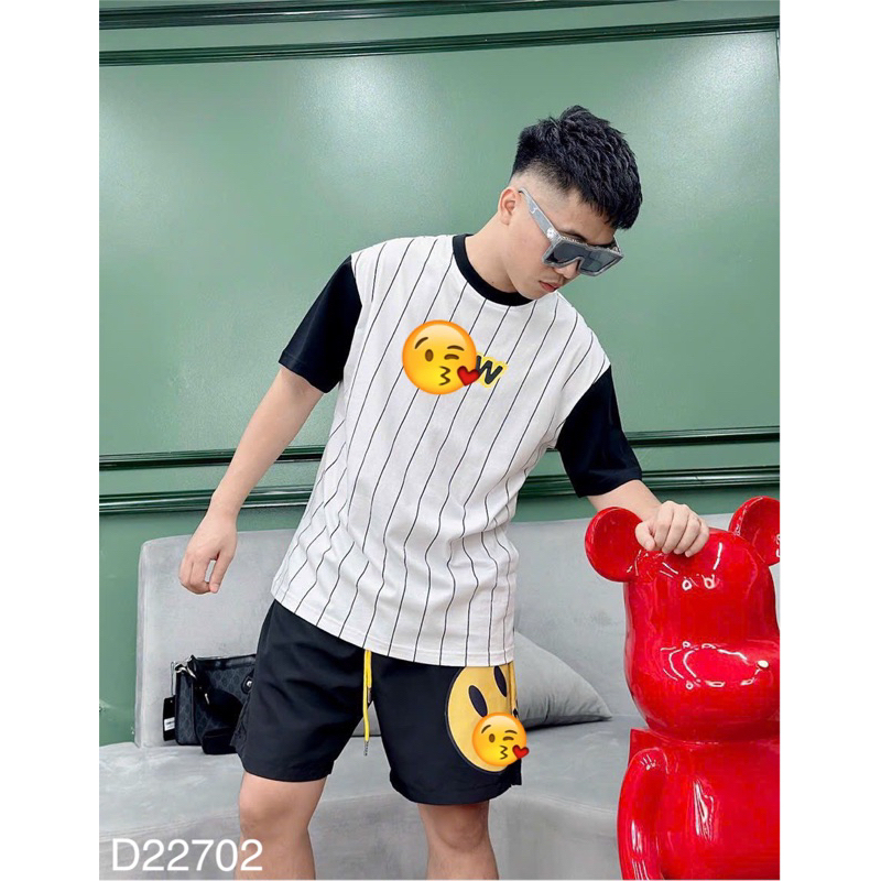 Sét Cộc Nam/Nữ Hình Mặt Cười Kẻ Sọc Siêu Đẹp - Bộ Hè Nam/Nữ Hàng Cao Cấp Phong Cách Cháy Phố
