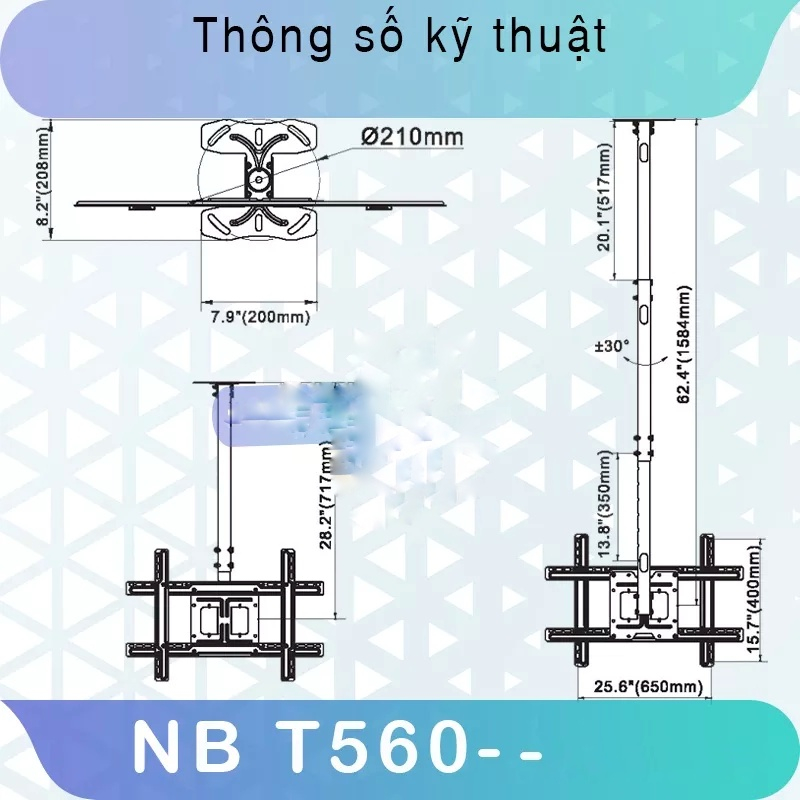 Giá Treo Tivi Thả Trần NB T560 32 - 40 - 43 - 50 - 60 - 65 Inch - Khung Treo Tivi Ngược Trần Nhập Khẩu NB