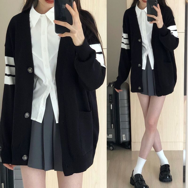 Áo Khoác Len tay phối kẻ sọc trắng, áo cardigan nữ hàng QC dáng rộng