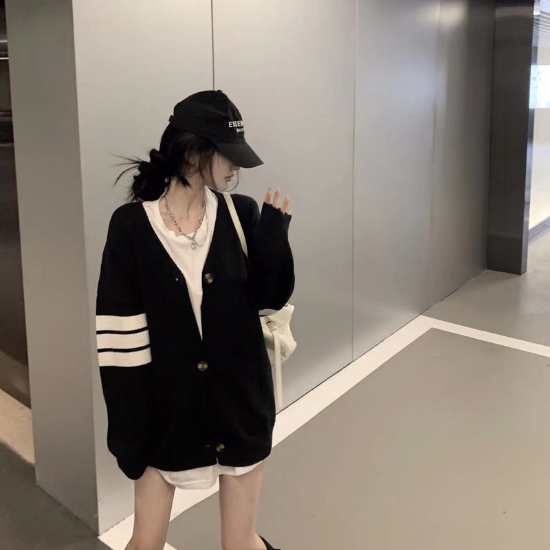 Áo Khoác Len tay phối kẻ sọc trắng, áo cardigan nữ hàng QC dáng rộng