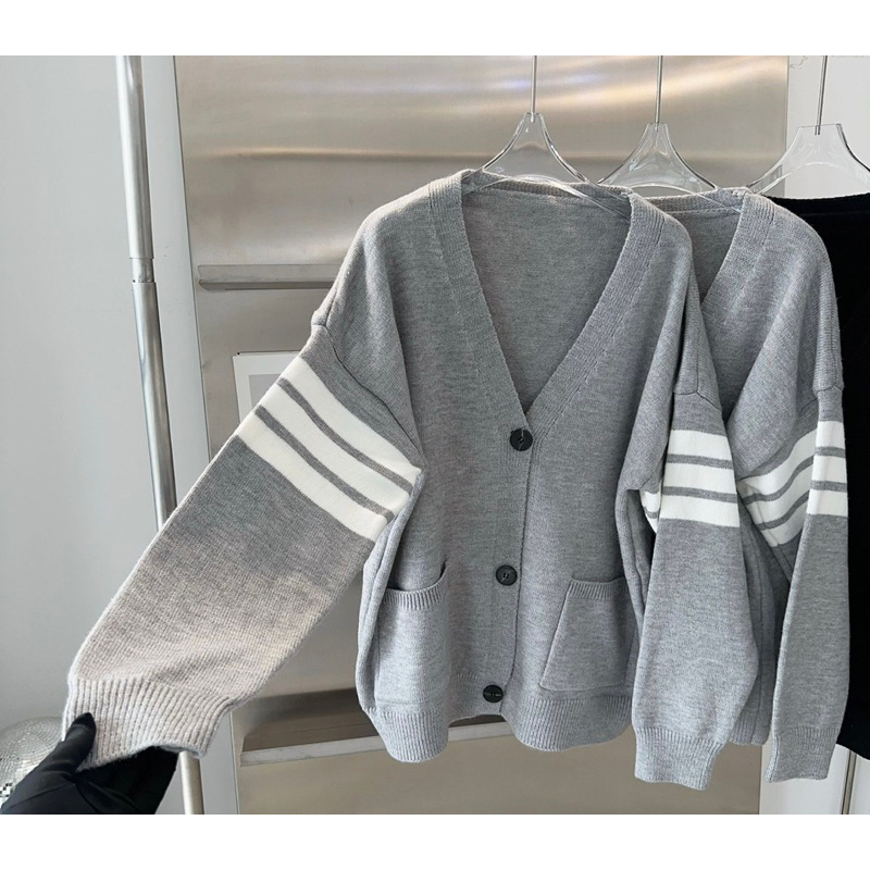Áo Khoác Len tay phối kẻ sọc trắng, áo cardigan nữ hàng QC dáng rộng