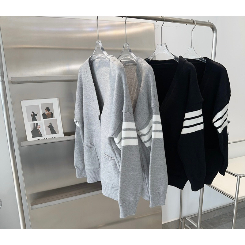 Áo Khoác Len tay phối kẻ sọc trắng, áo cardigan nữ hàng QC dáng rộng