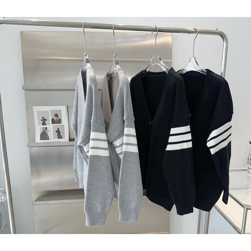 Áo Khoác Len tay phối kẻ sọc trắng, áo cardigan nữ hàng QC dáng rộng