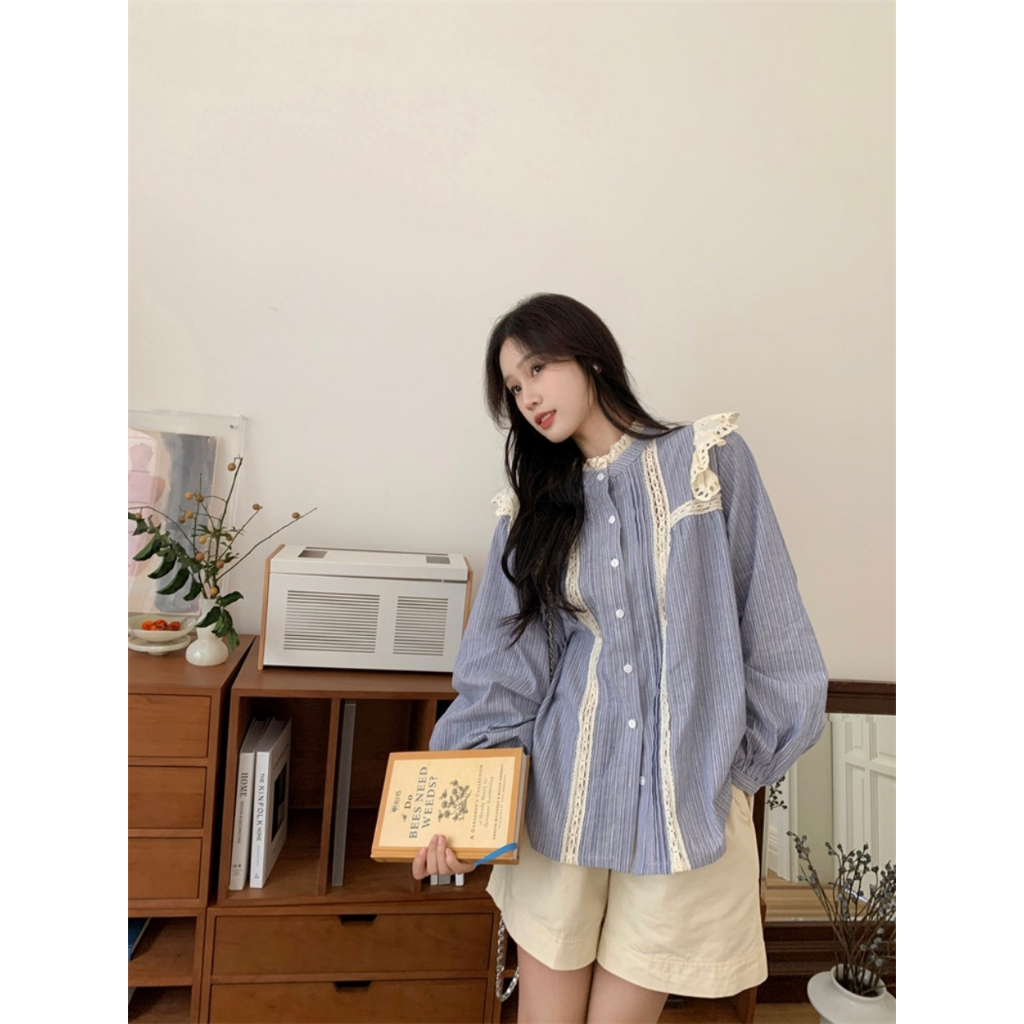 Áo Sơ Mi Nữ Dài Tay Phối Ren Sang Chảnh Phong Cách Ngọt Ngào Hàn Quốc