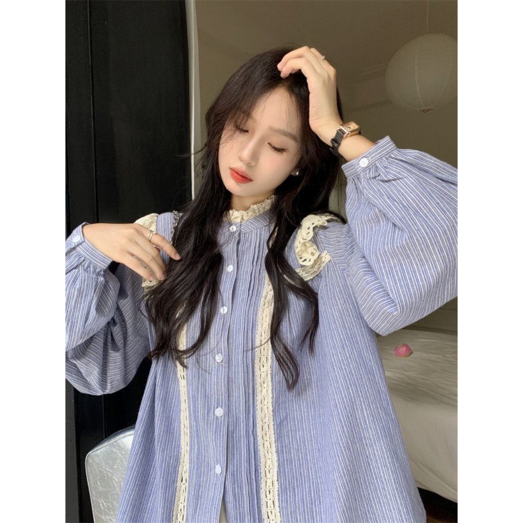 Áo Sơ Mi Nữ Dài Tay Phối Ren Sang Chảnh Phong Cách Ngọt Ngào Hàn Quốc