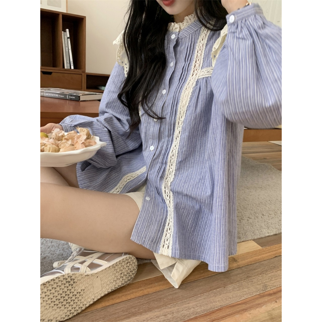 Áo Sơ Mi Nữ Dài Tay Phối Ren Sang Chảnh Phong Cách Ngọt Ngào Hàn Quốc